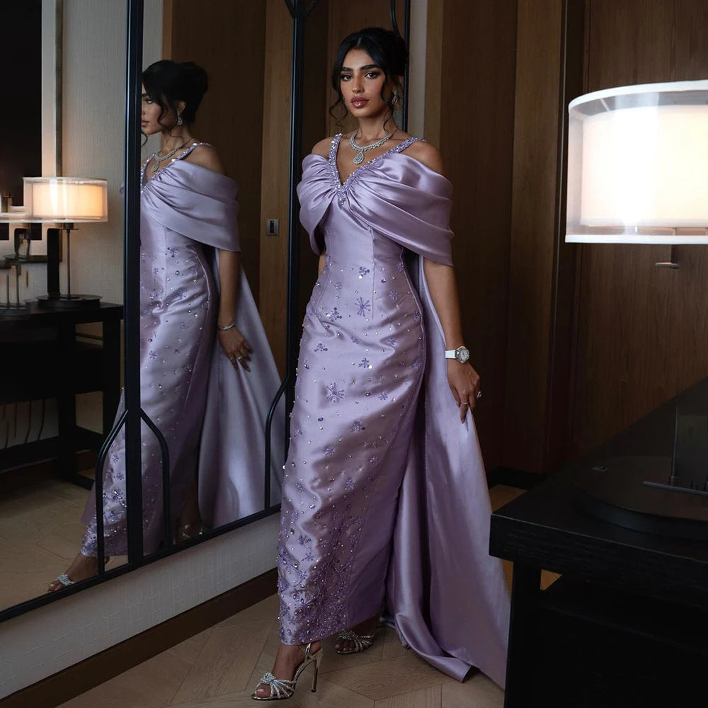 Lilac Off Shoulder Lilac Evening Dress with Cape Beaded Wedding Party Gowns LA72529 - SERENE HILL