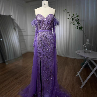 Luxury Arabic Nude Mermaid High Split Feather Beaded Evening Dress LA71910 - SERENE HILL
