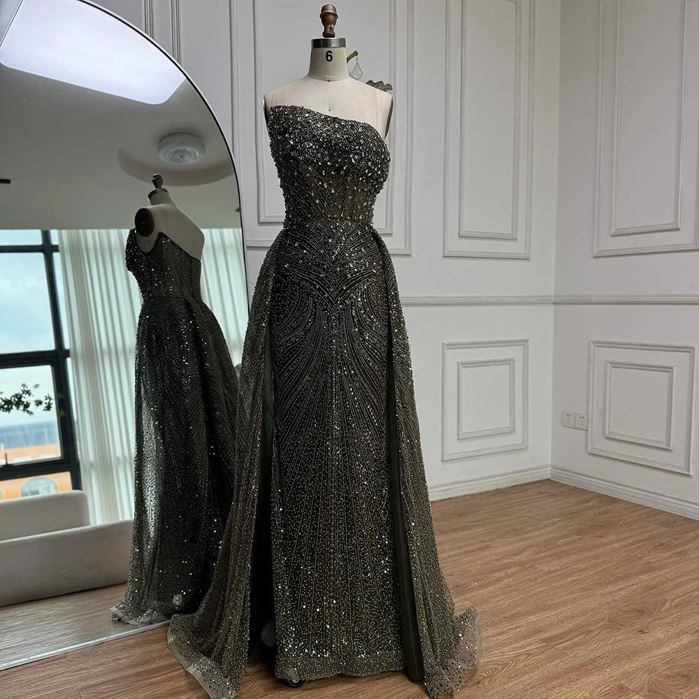 Luxury Olive Green Beaded Mermaid Evening Dress with Overskirt LA73164 - SERENE HILL