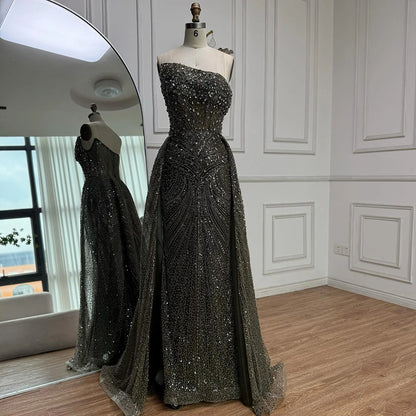 Luxury Olive Green Beaded Mermaid Evening Dress with Overskirt LA73164 - SERENE HILL