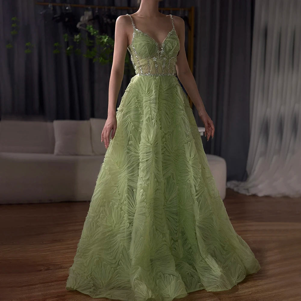Serene Hill 2025 Arabic Sage Green Elegant Spaghetti Strap A-Line Prom Dress LA72636 - SERENE HILL