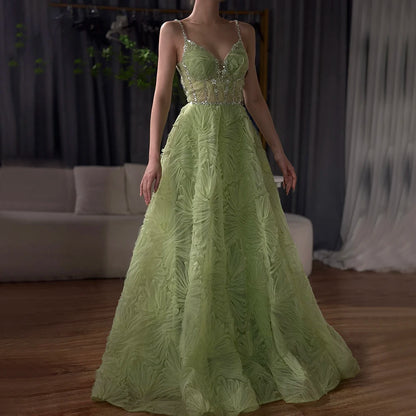 Serene Hill 2025 Arabic Sage Green Elegant Spaghetti Strap A-Line Prom Dress LA72636 - SERENE HILL