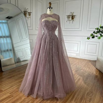 Serene Hill 2025 Arabic Blue Cape Sleeves A-Line Beaded Evening Dresses Long Celebrity Gowns for Women Wedding Party LA72427 - SERENE HILL