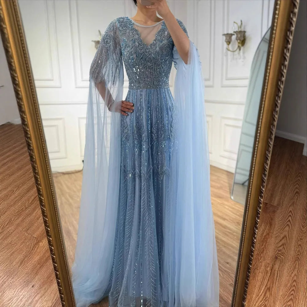 Elegant Beaded A-Line Evening Dress with Cape Sleeves LA73056  SERENE HILL