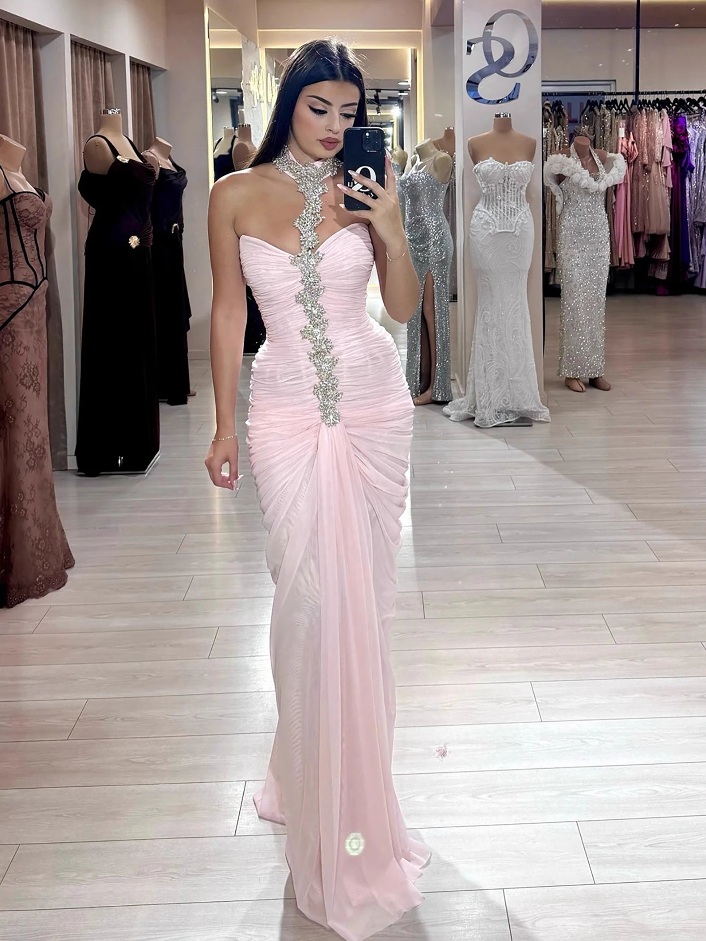 Luxury Pink Halter Crystal Beaded Evening Dress with Cape LA73374 - SERENE HILL