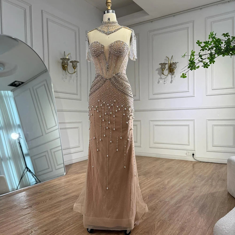 Luxury Nude Pearl Beaded Tassel Mermaid Evening Dress LA73183 - SERENE HILL