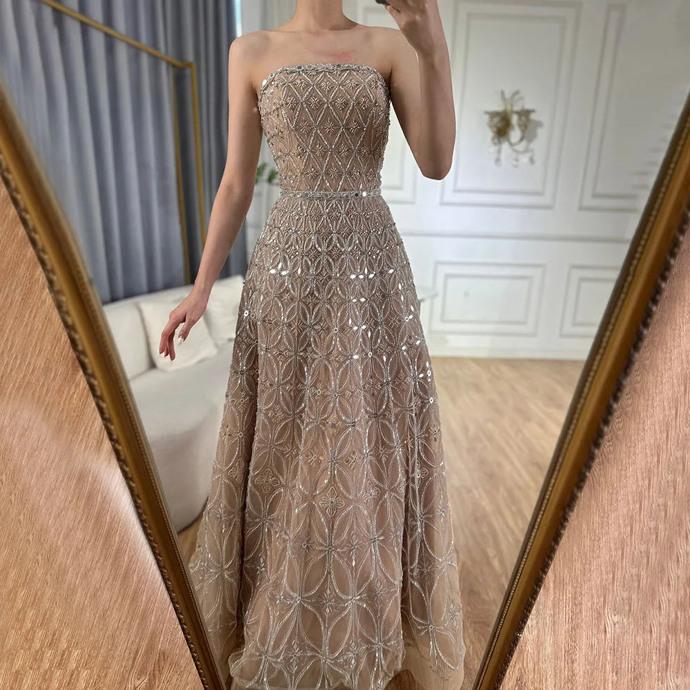 Luxury Dubai Arabic Gray A Line Elegant Beaded Long Evening Dresses Gowns for Formal Occasion LA72755 - SERENE HILL