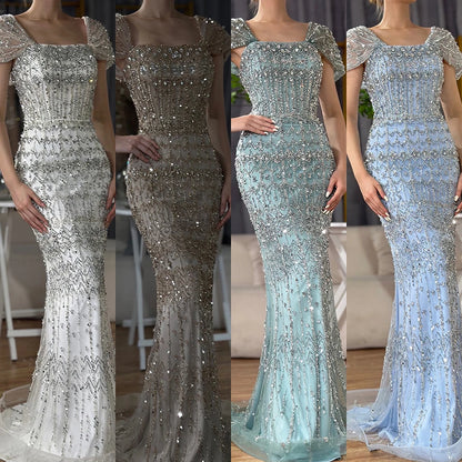 Luxury Dubai White Mermaid Beaded Evening Dress with Cape Sleeves LA72714 - SERENE HILL