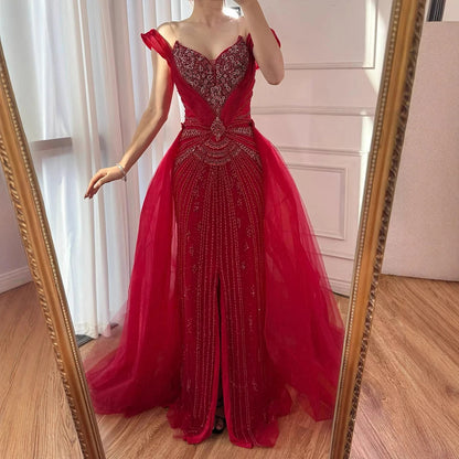 Luxury Nude Beaded Mermaid Evening Dress with Overskirt and Slit LA73034 - SERENE HILL