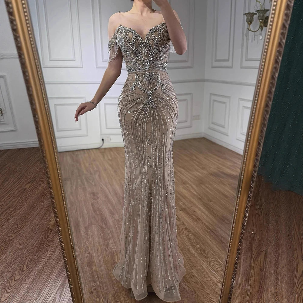 Luxury Pink Crystal Tassel Off Shoulder Evening Dress Dubai LA73204 - SERENE HILL