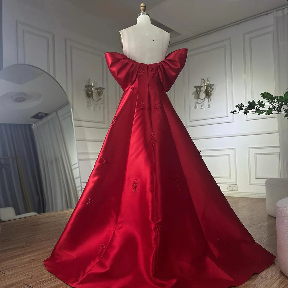 Luxury Dubai Saudi Arabia Elegant Off-Shoulder Wine Red A Line Evening Dress with Appliques Gown for Formal Occasion LA72778 - SERENE HILL