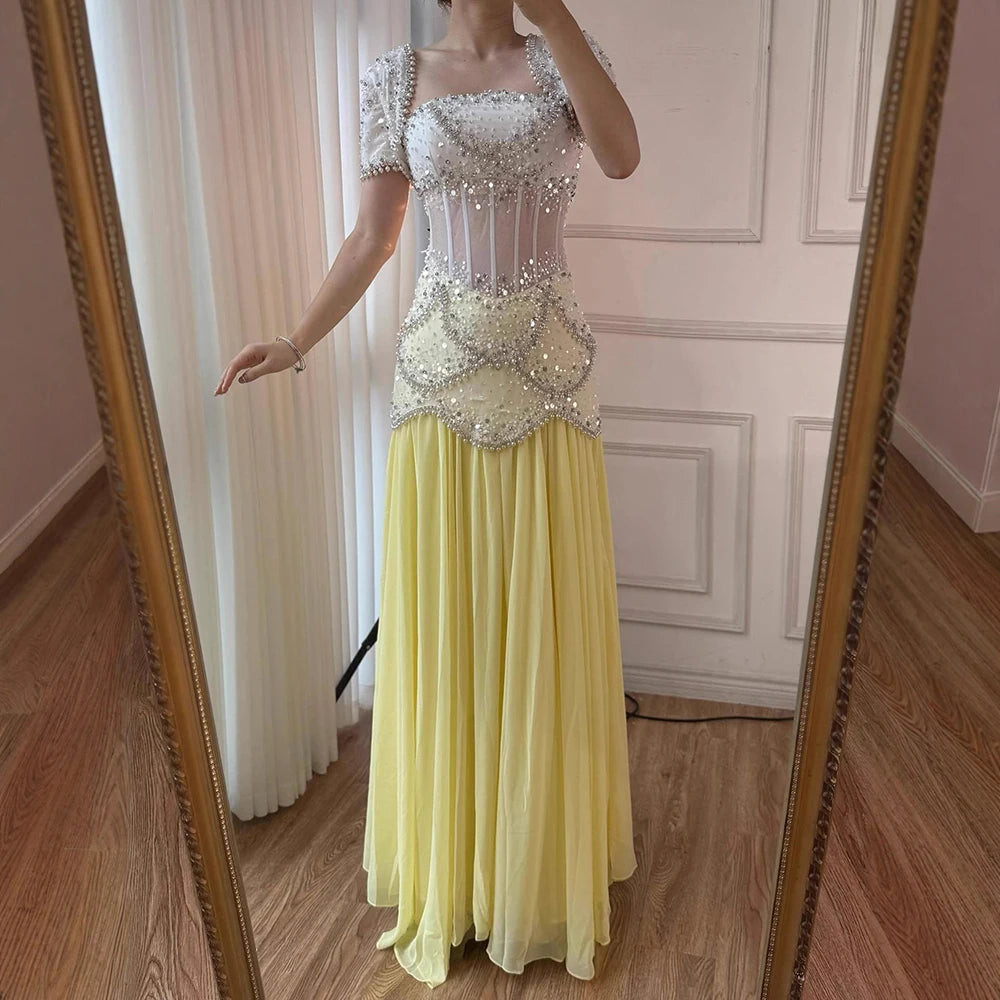 Luxury Yellow Pearls A-Line Evening Dress with Flowing Coat LA72978 - SERENE HILL