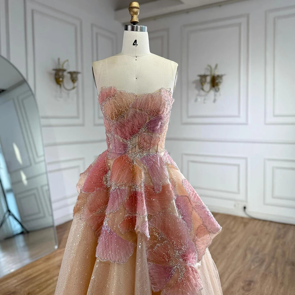Luxury Peach Floral Appliqué A-Line Sparkly Evening Dress LA73185 - SERENE HILL