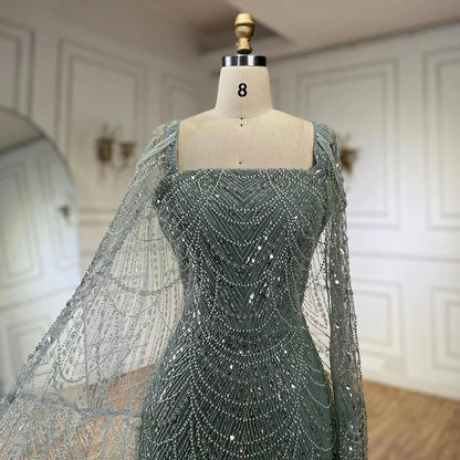 Luxury Turquoise Beaded Pearl Arabic Evening Dress with Cape Sleeves LA72590 - SERENE HILL