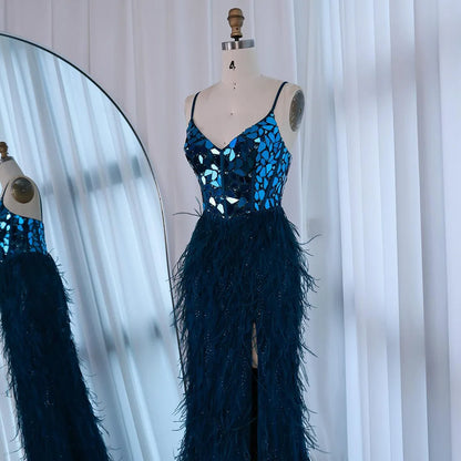 Luxury Peacock Blue Feather Evening Dress with Mirror Beaded Bodice LA73008 - SERENE HILL