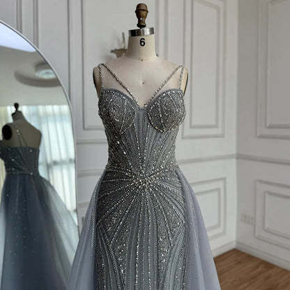 Luxury Nude Spaghetti Strap Mermaid Evening Dress with Overskirt Beaded LA73090 - SERENE HILL
