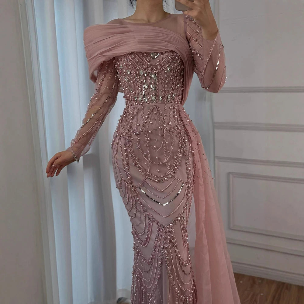 Luxury Designer Nude Crystal Mermaid Evening Dress with Overskirt LA72348 - SERENE HILL