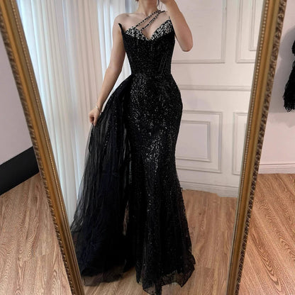 Luxury Nude Crystal Beaded One-Shoulder Evening Dress with Overskirt LA73161 - SERENE HILL