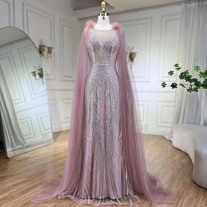 Serene Hill Arabic Pink Mermaid Evening Dress with Elegant Luxury Feathers Beaded Cape Sleeves for Women&