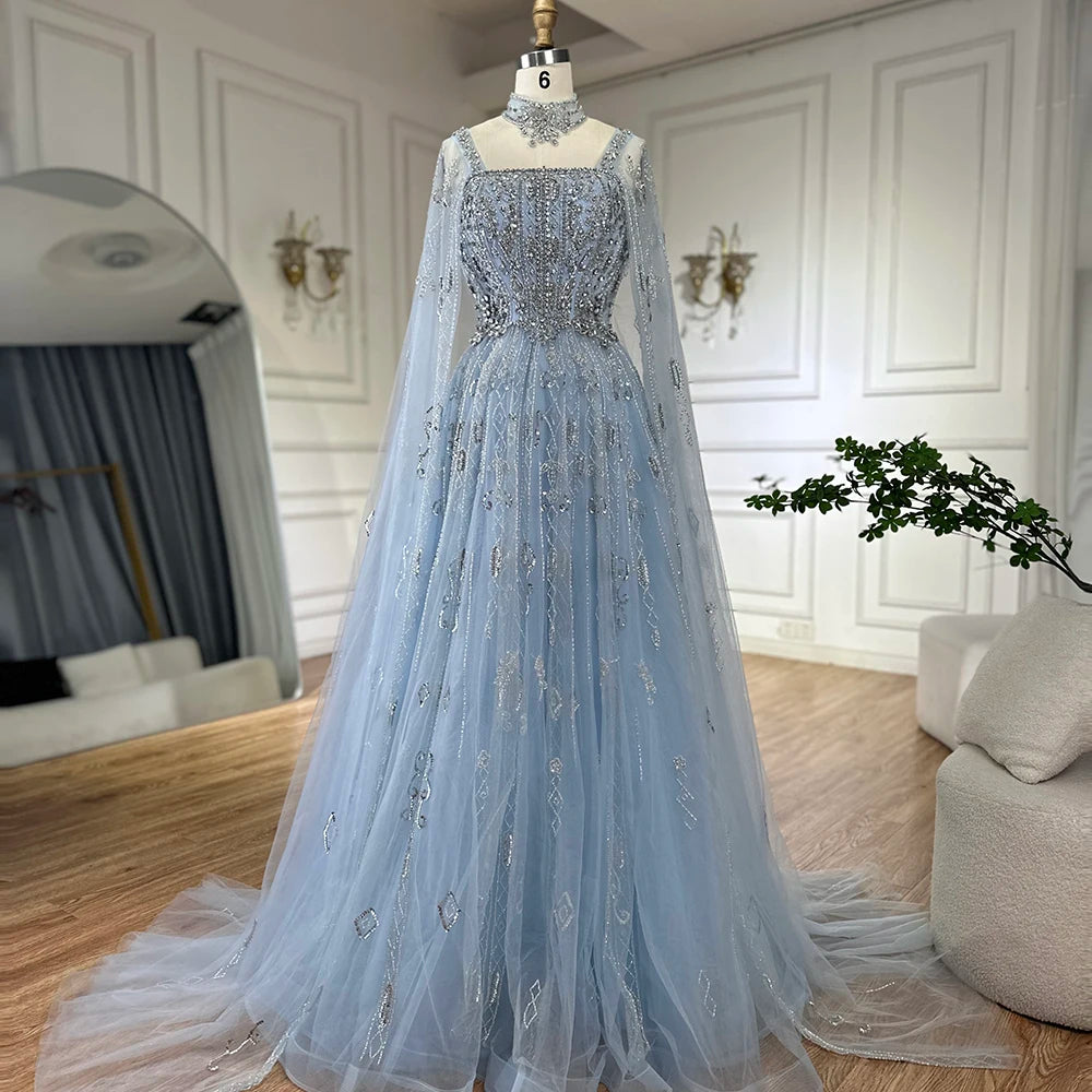 Luxury Designer blue A-Line Crystal Beaded Arabic Evening Dress 