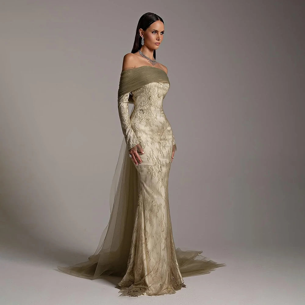 Elegant Olive Green Evening Dress with Lace Sleeves LA72942 - SERENE HILL