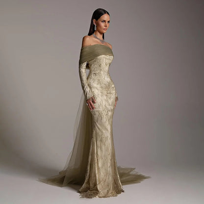 Elegant Olive Green Evening Dress with Lace Sleeves LA72942 - SERENE HILL