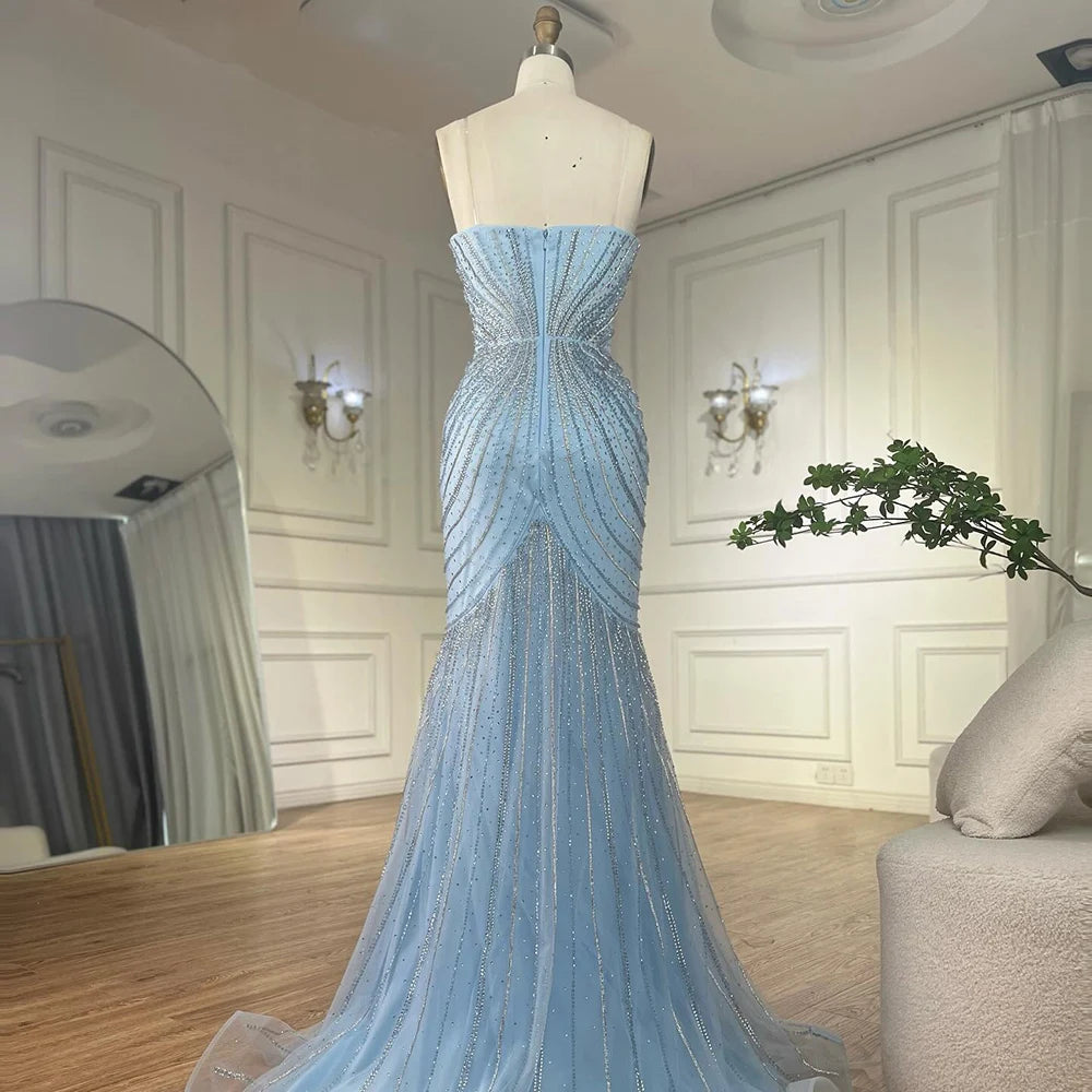 Luxury Blue Beaded Evening Gown with Detachable Cape LA72784 - SERENE HILL