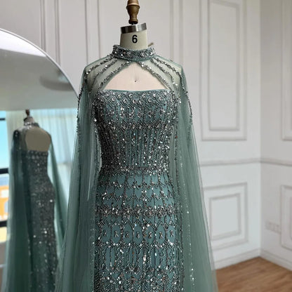 Luxury Turquoise Beaded Evening Dress with Detachable Cape LA72714B - SERENE HILL