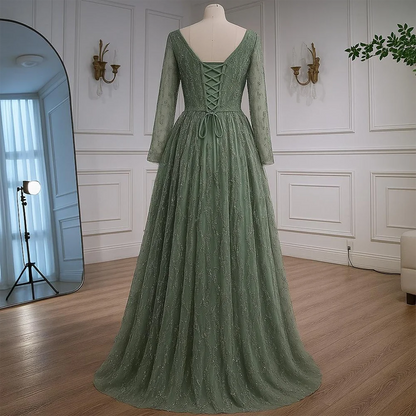 Luxury Sage Green Beaded Evening Dress with Long Sleeves LA72805B - SERENE HILL