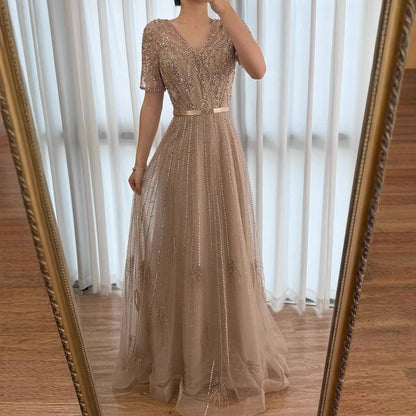 Serene Hill Gold Short Sleeves Evening Dresses Gowns 2025 Luxury Beaded A-Line For Woman Party LA71602 - SERENE HILL