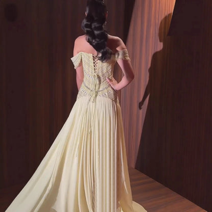 Luxury Evening Dress Yellow Off Shoulder Beaded A-Line Gown LA73350 - SERENE HILL