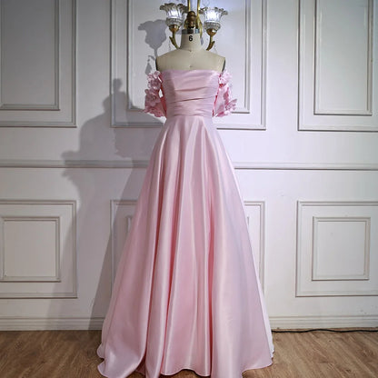 Luxury Pink Satin A Line Off Shoulder Arabic Evening Dress LA73036 - SERENE HILL