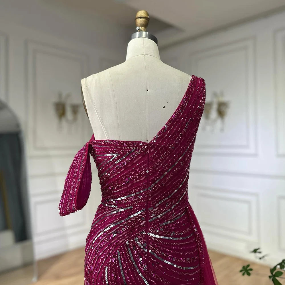 Luxury Dubai Arabic Pink Mermaid Elegant One Shoulder Beaded Long Evening Dresses Gowns for Formal Occasion LA72662A - SERENE HILL