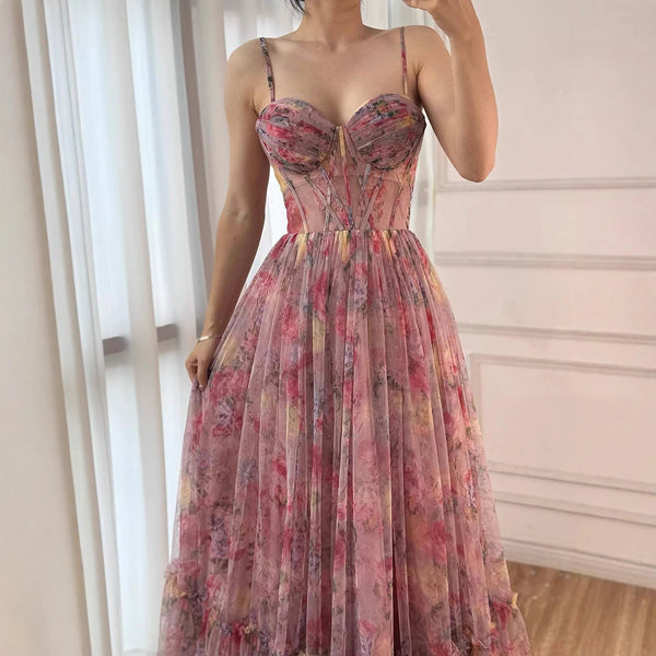 SERENE HILL Pink A-Line Tulle Printed Ruffle Tiered Prom Dress LA73149