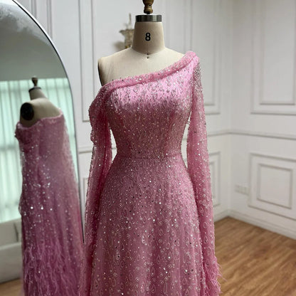 Luxury Feather One Shoulder Evening Dress with Cape Sleeves LA72763 - SERENE HILL