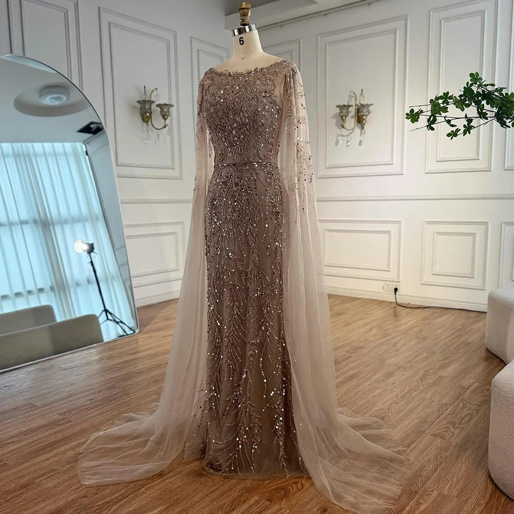 Luxury Caramel Beaded Evening Dress with Cape Sleeves LA73078 - SERENE HILL