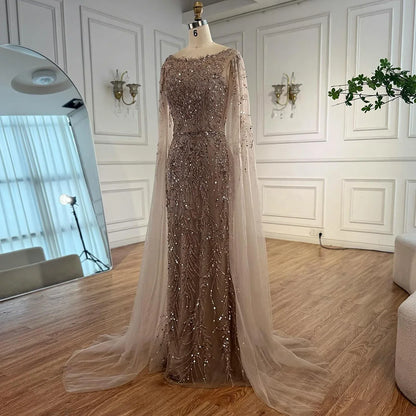 Luxury Caramel Beaded Evening Dress with Cape Sleeves LA73078 - SERENE HILL