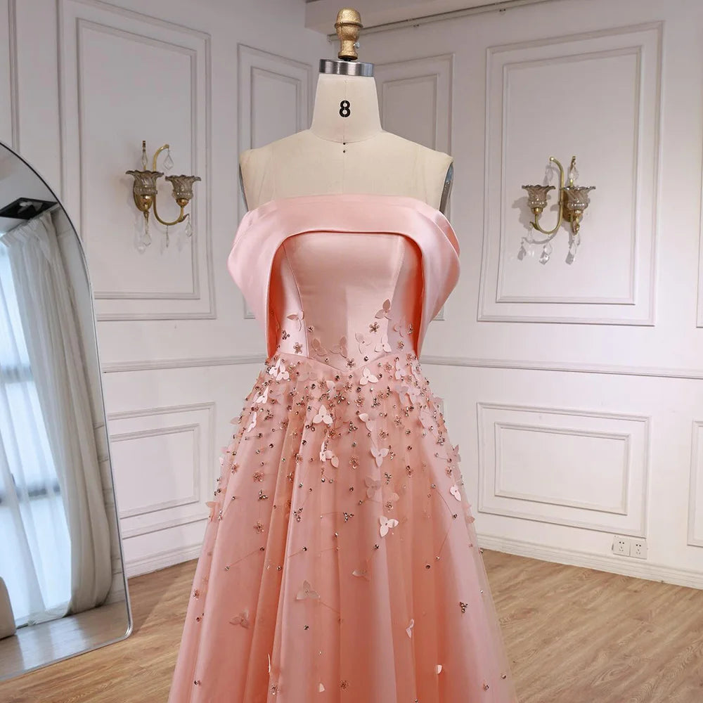 Arabia Peach Off the Shoulder A Line Satin Appliques Evening Dress Gown LA72830 - SERENE HILL