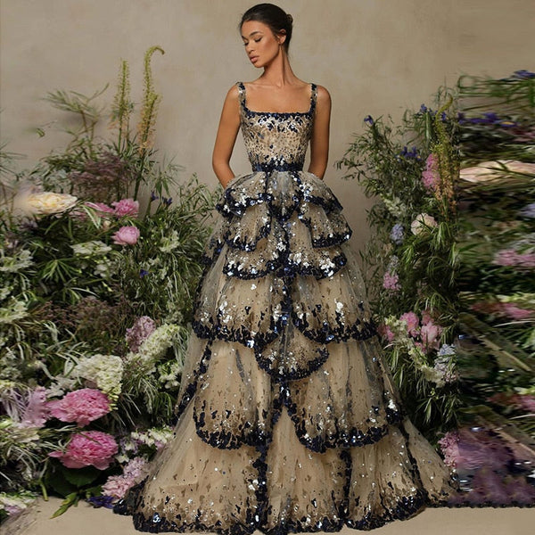 Designer Sparkly Sequin Tiered Ruffles Ball Gown Evening Dress LA72505