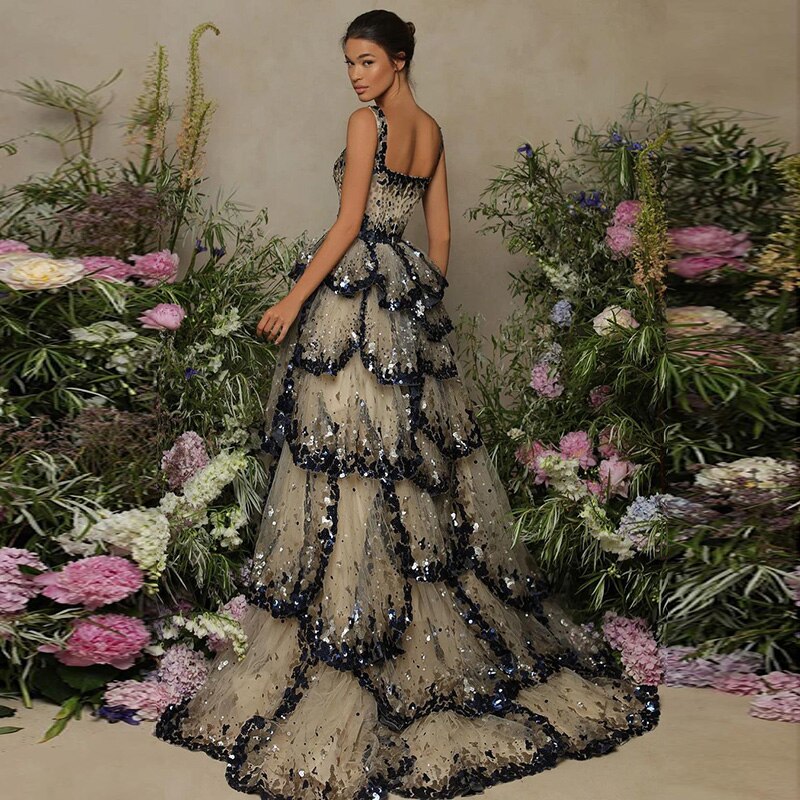 Designer Sparkly Sequin Tiered Ruffles Ball Gown Evening Dress LA72505 - SERENE HILL