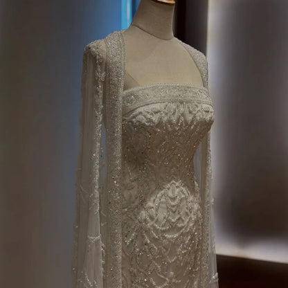 Luxury White Dubai Arabia Beading Evening Dress With Cape LA72870 - SERENE HILL