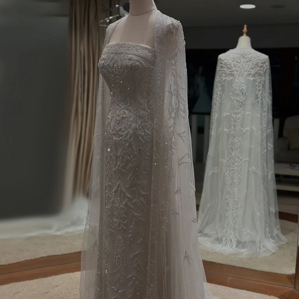 Luxury White Dubai Arabia Beading Evening Dress With Cape LA72870 - SERENE HILL