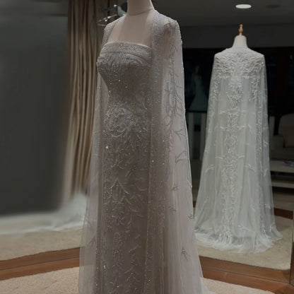 Luxury White Dubai Arabia Beading Evening Dress With Cape LA72870 - SERENE HILL