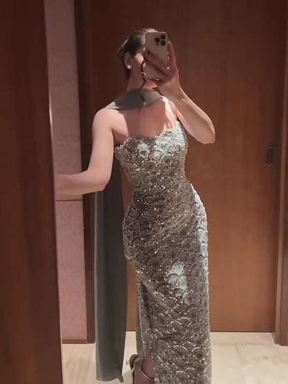 Luxury Sage Green Beaded Strapless Mermaid Evening Dress LA73440A