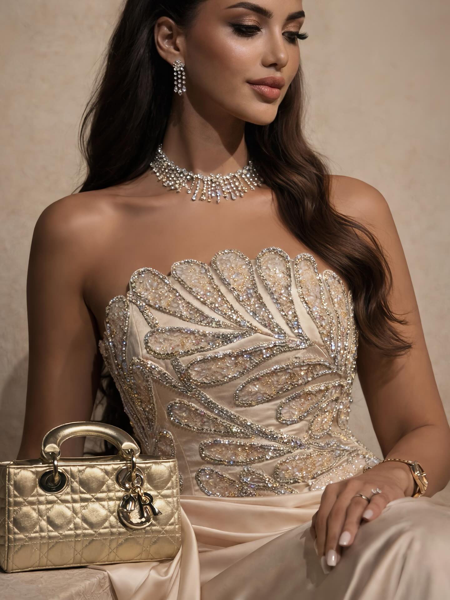 Luxury Champagne Satin Beaded Mermaid Evening Dress LA73622 - SERENE  HILL