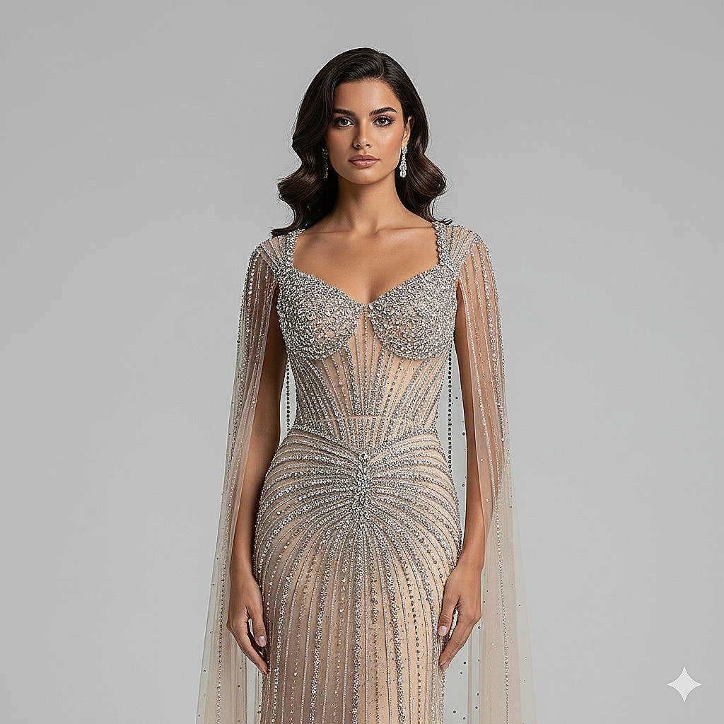 فستان سهرة عاري الفاخر مع الأكمام Cape LA72575C