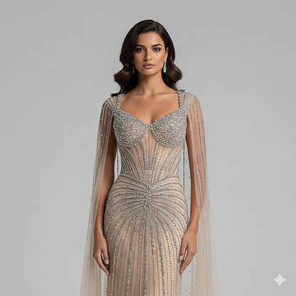 فستان سهرة عاري الفاخر مع الأكمام Cape LA72575C