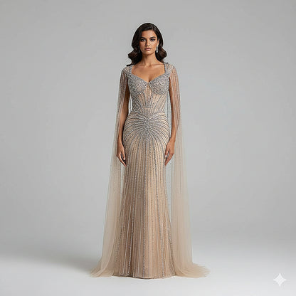 فستان سهرة عاري الفاخر مع الأكمام Cape LA72575C