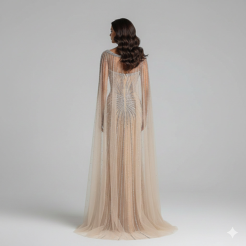 فستان سهرة عاري الفاخر مع الأكمام Cape LA72575C