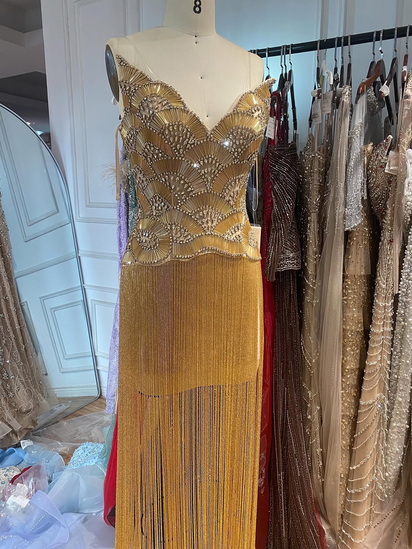 Luxury Hand Made Nude Gold Scallop Tassel Evening Dress LA73748 SERENE HILL